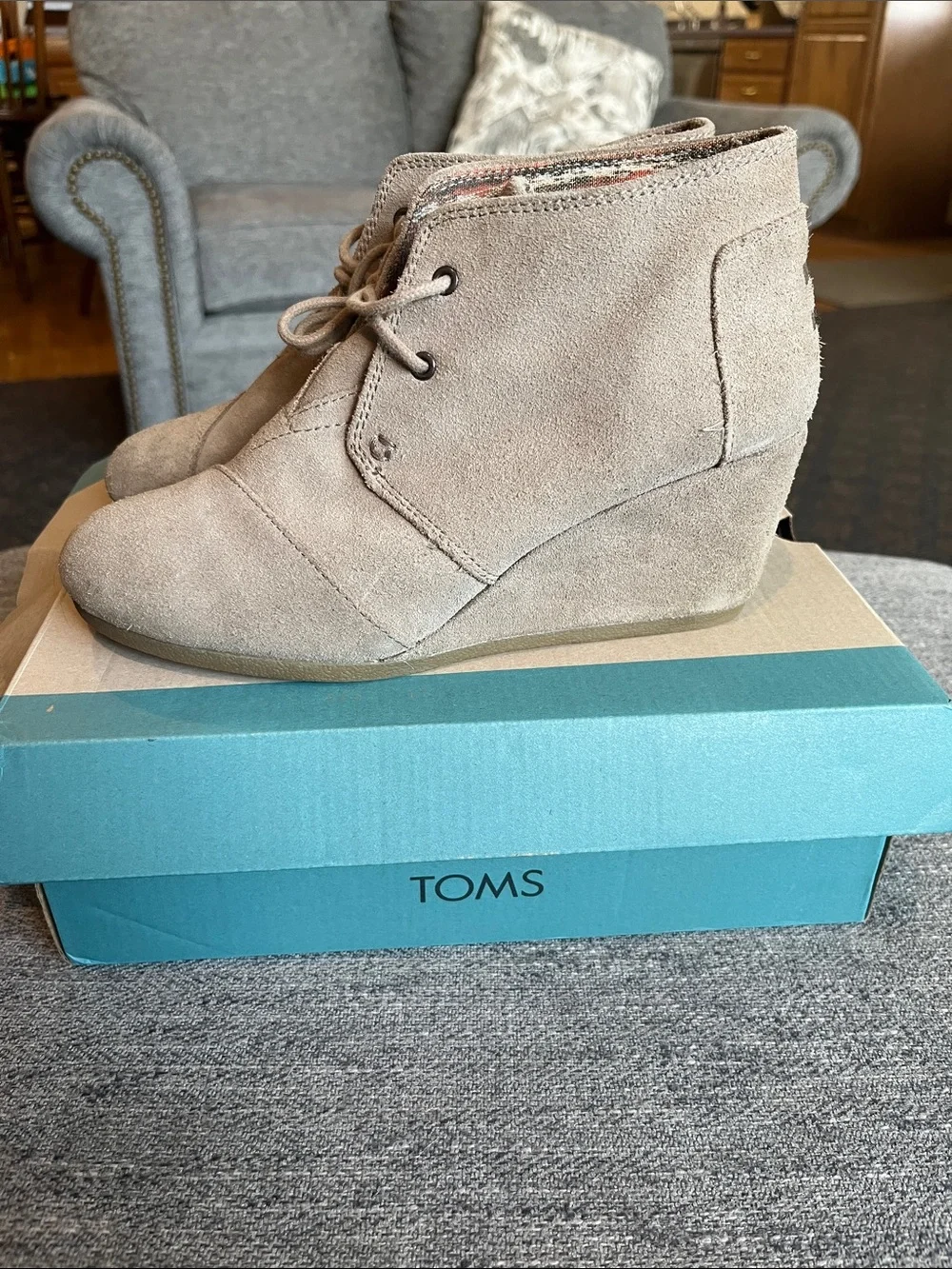 TOMS Beige Suede Wedge Ankle Booties